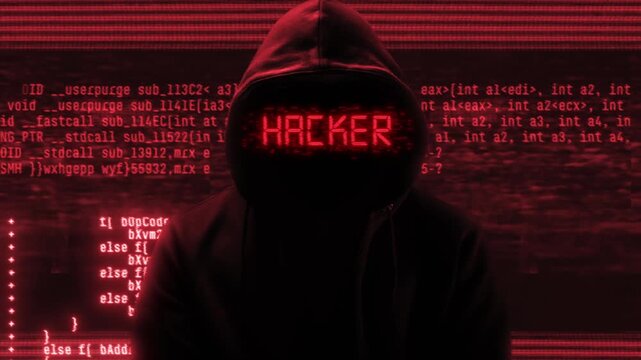 Hacker with hoodie and glitch face. Computer abstract digital code at the background. Dark web or darknet fraud. Cryptocurrency bitcoin mixer concept. Cybersecurity and social network data protection