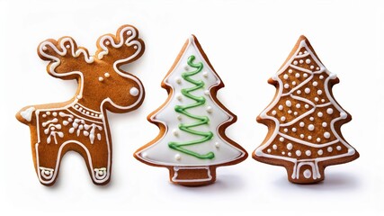 Christmas trees and reindeer gingerbread cookies covered by white icing on white background. Traditional Christmas cookies.
