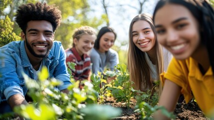 Diverse group of happy young people gardening together, smiling in a sunlit outdoor setting.