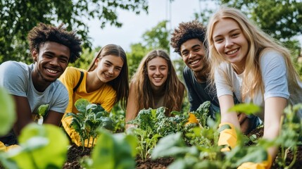 Five diverse young adults happily gardening together in a vibrant green space, showcasing teamwork and nurturing nature.