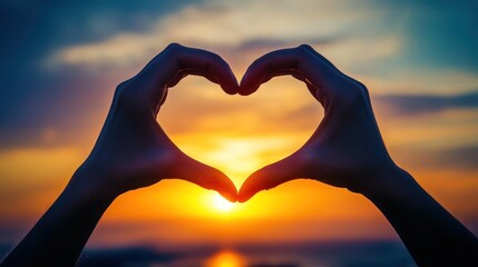 Two hands forming a heart shape against a stunning sunset backdrop, capturing a moment of love and serenity.