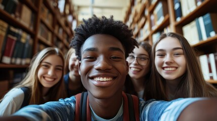 Fototapeta premium A joyful group of diverse high school students smiling together in a library.