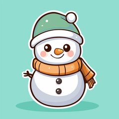 Cute cartoon snowman with a scarf and hat, Clip art sticker style on Christmas Concept.