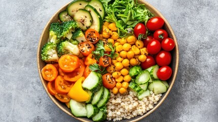 A vibrant vegetarian bowl featuring fresh vegetables and grains in a colorful arrangement.