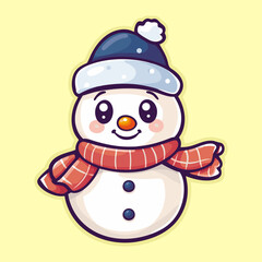 Cute cartoon snowman with a scarf and hat, Clip art sticker style on Christmas Concept.