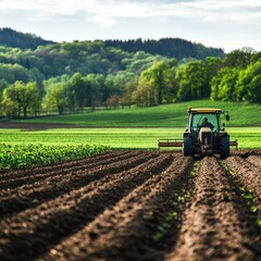 Fototapeta premium A farmer, focused and diligent, operating a tractor in lush green fields during a sunny day.