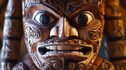 Fototapeta premium Intricate wooden carving of a fierce facial mask showcasing Maori artistry.
