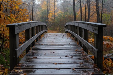 Obraz premium A tranquil wooden bridge in an autumn forest, surrounded by vibrant falling leaves, creating a peaceful atmosphere.