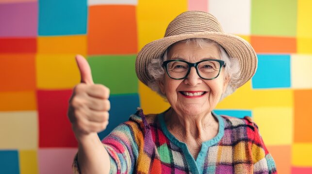 An elderly Caucasian woman in colorful attire and a straw hat gives a thumbs up against a vibrant, multicolored background.
