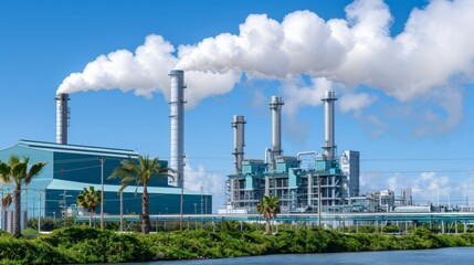 Obraz premium Wood pellet power plant emitting steam from its towers for electricity generation