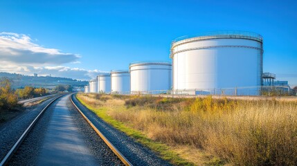 Obraz premium Industrial landscape featuring large white storage tanks by the railway under a clear blue sky.