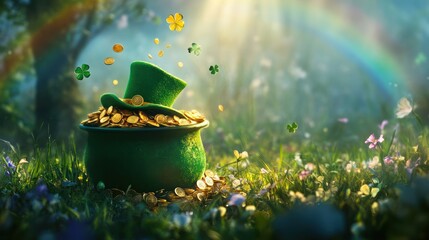 A whimsical green pot filled with gold coins and a top hat, surrounded by shimmering clovers in a magical forest scene.
