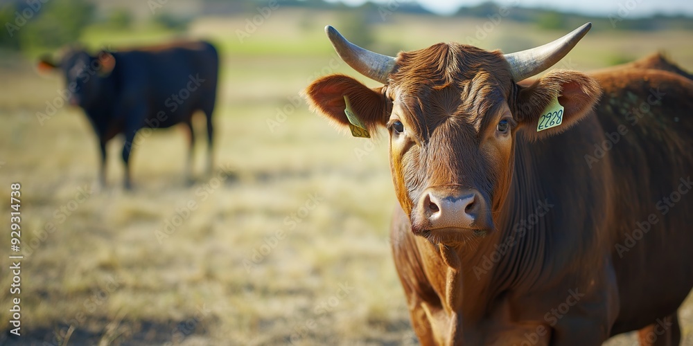 Wall mural two cows in a grassy field, with one facing the camera directly, capturing a serene farming landscap