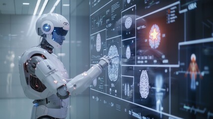 Future healthcare idea featuring humanoid diagnostics medical robot viewing data on a virtual screen.

