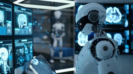 Fototapeta premium A humanoid robot in an AI lab studies medical images to enhance healthcare.