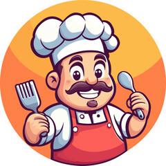 Cheerful Chef Mascot Cartoon Logo Illustration. Restaurant concept. Cartoon vector illustration
