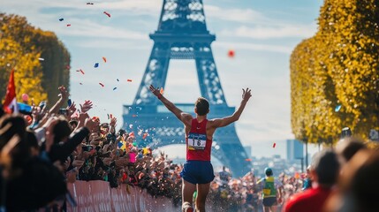 A male athlete celebrates as he crosses the finish line in front of the Eiffel Tower, surrounded by cheering fans and colorful confetti.