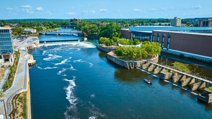 Aerial View of South Bend Riverfront with Modern Architecture and Greenery