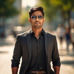 Fototapeta premium Stylish Man in Sunglasses Posing Confidently Outdoors 