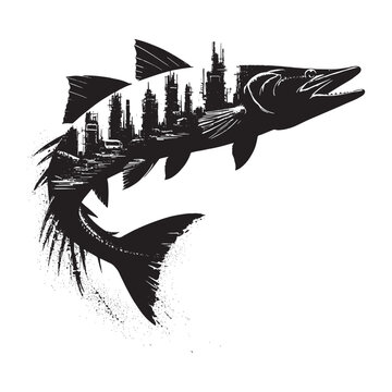 recommend clip art: silhouette of Sturgeon filled with destroyed futuristic dystopia environment in rough drawing