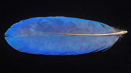   Blue bird feather on black background with white and yellow tips