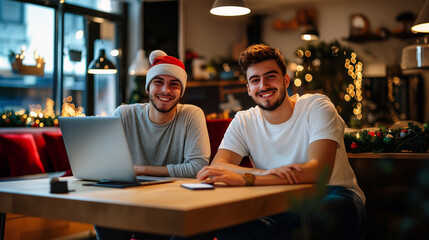 Two male students working on a laptop, wearing christmas hat, they are in a coffee shop with christmas decorations. 
