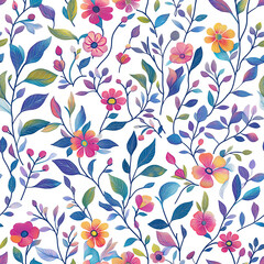 A vibrant floral pattern featuring colorful blooming flowers and leaves on a white background. The lively design is fresh and perfect for spring or summer themes.
