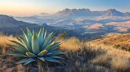 Agave plant in the foreground of a mountain range at sunrise.