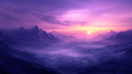 The purple sky casts an enchanting glow over the mist-shrouded mountains, while wisps of clouds drift lazily across the horizon with generative ai