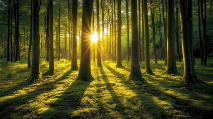 Fototapeta premium A serene forest scene with sunlight filtering through trees, casting shadows on the ground.