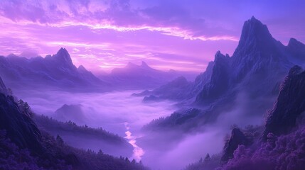 The purple sky casts an enchanting glow over the mist-shrouded mountains, while wisps of clouds drift lazily across the horizon with generative ai