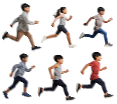 Motion blur running kids boy girl silhouettes isolated on transparent background PNG for photo scenes