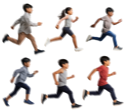 Motion blur running kids boy girl silhouettes isolated on transparent background PNG for photo scenes