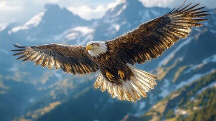 Bald Eagle Soaring Over Mountainous Landscape