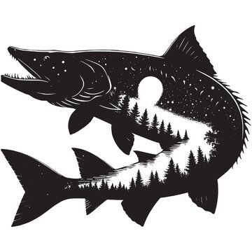 recommend clip art: silhouette of Sturgeon filled with nature night view in rough drawing