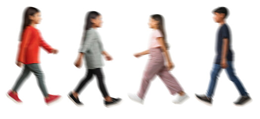 Motion blur walking kids boy girl silhouettes isolated on transparent background PNG for photo...