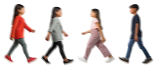 Motion blur walking kids boy girl silhouettes isolated on transparent background PNG for photo scenes