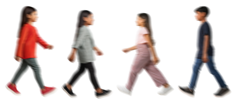 Motion blur walking kids boy girl silhouettes isolated on transparent background PNG for photo scenes