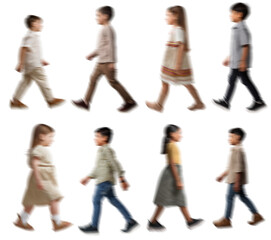 Motion blur walking kids boy girl silhouettes isolated on transparent background PNG for photo scenes