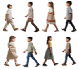 Motion blur walking kids boy girl silhouettes isolated on transparent background PNG for photo scenes