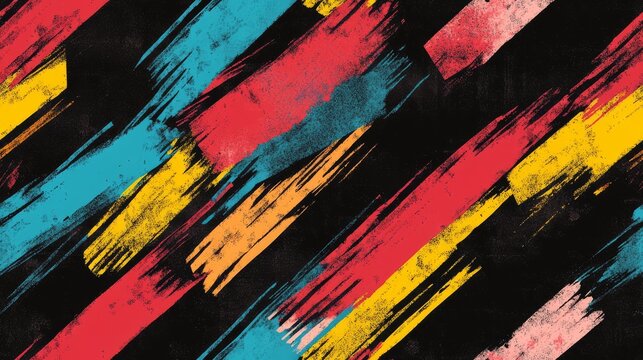 A vibrant abstract geometric pattern features distressed brush strokes in red, blue, yellow, and black. Ideal for fabric or gift wrapping, it adds artistic flair with its bold aesthetics