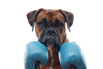 Dog dressed in boxing gear, isolated on a clear white background in ultra-high definition.