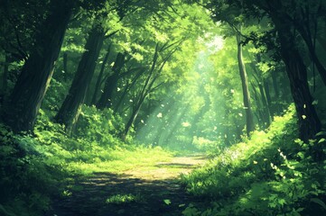 Obraz premium Enchanted anime-style Forest Scene with Lush Greenery: A Vivid Illustration of Nature's Animated Magic,Anime-Style,illustration,Picture BooksFor Poster,Novel,UI,WEB,Game,Design,Abstract