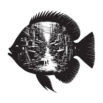 recommend clip art: silhouette of Sunfish filled with ghetto street in rough drawing