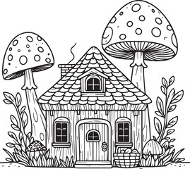 Mushroom house line art coloring book illustration for kids