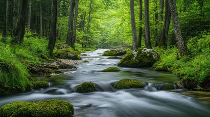 Obraz premium A serene forest stream flowing through lush greenery and moss-covered rocks.
