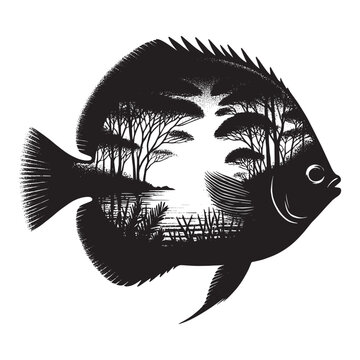 recommend clip art: silhouette of Sunfish filled with nature view in rough drawing