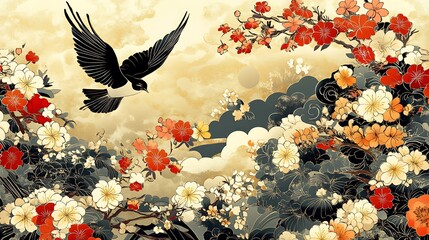 Black bird flying over a field of flowers with clouds in the background.