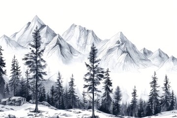 Obraz premium A black and white drawing of a mountain range with snow-capped peaks and valleys