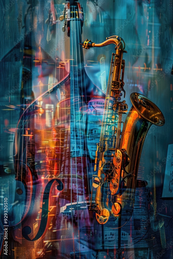 Poster A close-up view of a saxophone and a violin placed side by side